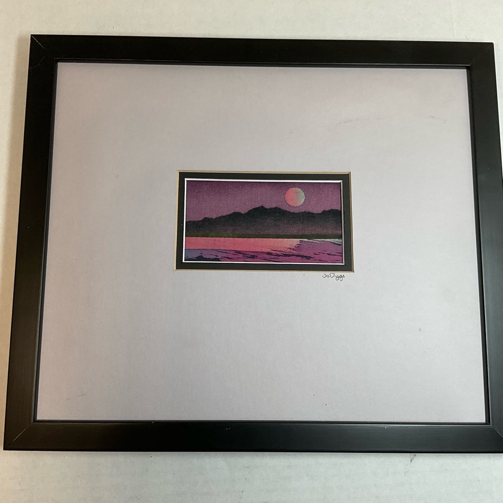 Jo Diggs signed handmade mountain landscape mini quilt Maine framed